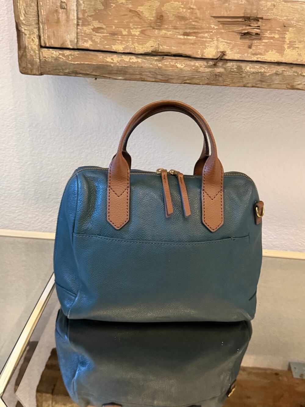 Vintage Fossil Sydney Satchel Leather Handbag Purse Forest Green Tan 90s Y2K